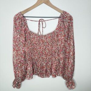 Lucy Paris • Peplum Blouse Smocked Balloon Sleeve Floral Square Neck Size Medium